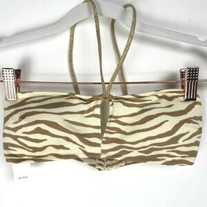 NWT Aerie Bandeau Ivory Zebra Striped Glitter Gold Strap Keyhole Bikini Top